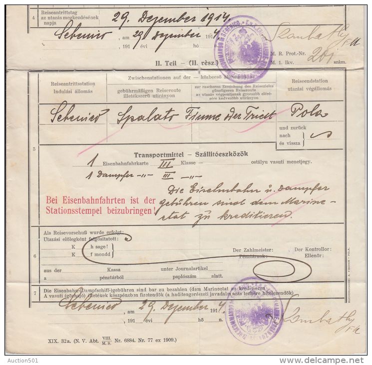 25962  KuK Kriegsmarine Ergänzungs Bezirkskommando In Sebenico On A 1914 Military Document - Brieven En Documenten