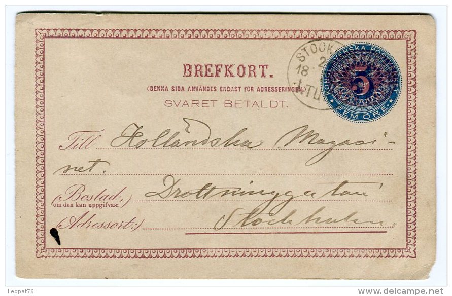 Suède - Entier Postal De Stockholm  En 1886  Référence 490 - Entiers Postaux