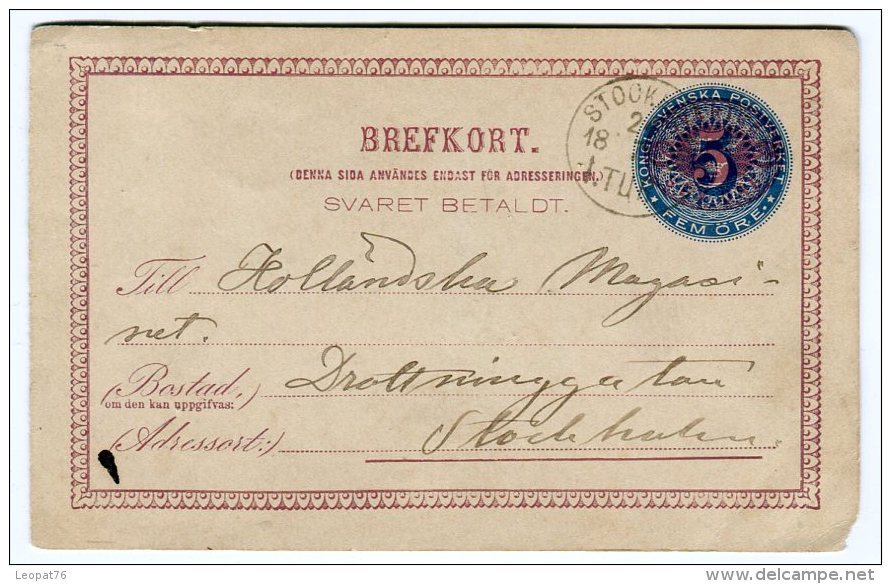 Suède - Entier Postal De Stockholm  En 1886  Référence 490 - Postal Stationery