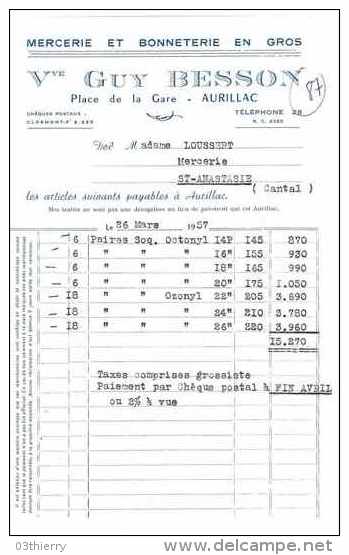 FACTURETTE MERCERIE BONNETERIE EN GROS 1957 VVE GUY BESSON 15AURILLAC - Other & Unclassified