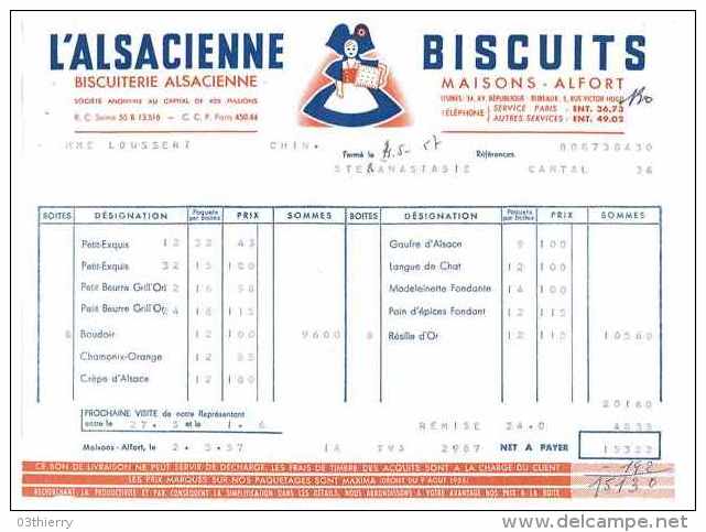 FACTURE BISCUITS L'ALSACIENNE 1957 MAISON ALFORT 75 PARIS - Other & Unclassified