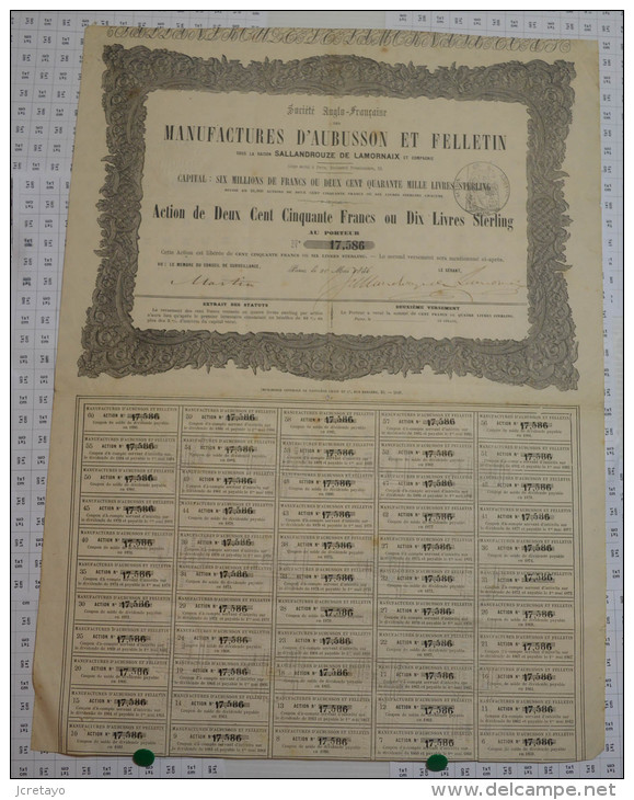 Sté Franco-Anglaise Des Manufactures D'Aubusson Sous La Raison Sallandrouze De Lamornaix Et Cie De 1836 - Industrie