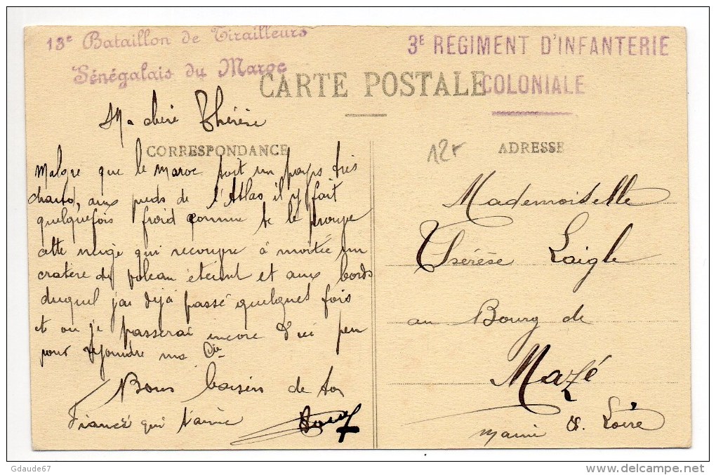 CP Avec CACHET Du 13° BATAILLON DE TIRAILLEURS SENEGALAIS DU MAROC / 3° REGIMENT D'INFANTERIE COLONIALE - Military Postmarks From 1900 (out Of Wars Periods)