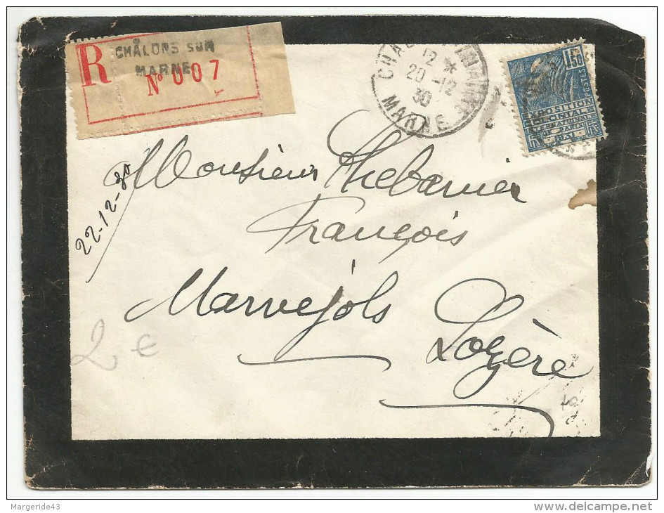 N°273 SEUL SUR LETTRE RECOMMANDEE DE CHALONS SUR MARNE DU 20/12/1930 - 1921-1960: Période Moderne