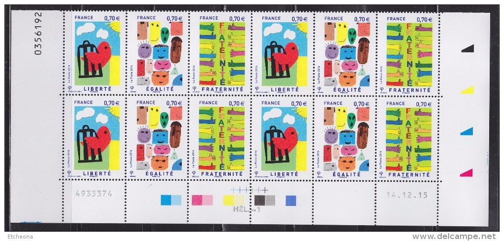 = Liberté-Egalité-Fraternité Triptyque Coin Daté X4 12 Timbres à 0.70€  Daté 14.12.15 - 2010-2019