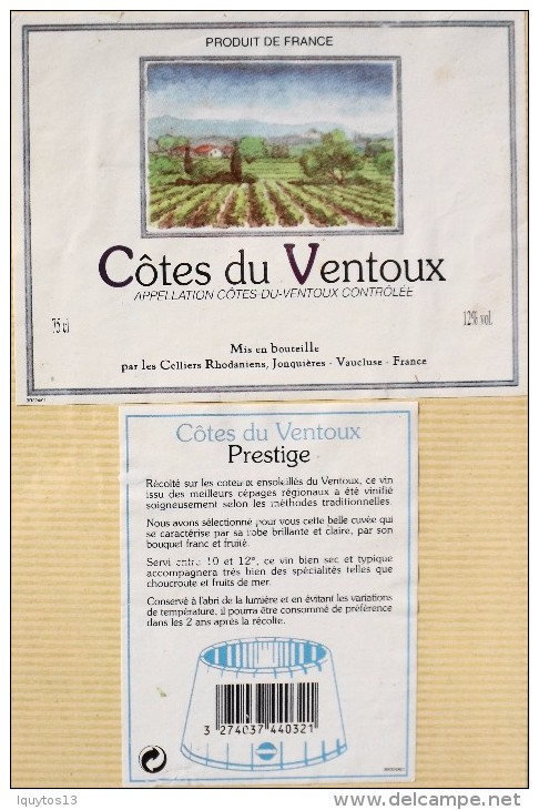 ETIQUETTE De VIN " CÔTES Du VENTOUX " - Prestige 12° - Décollée Bon Etat  - - Côtes Du Ventoux