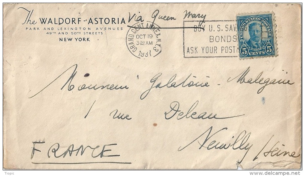 Enveloppe -  Cachet  Au  Depart  De  NEW YORK   à  Destination  De  NEUILLY   (  Seine  ) - Autres - Amérique