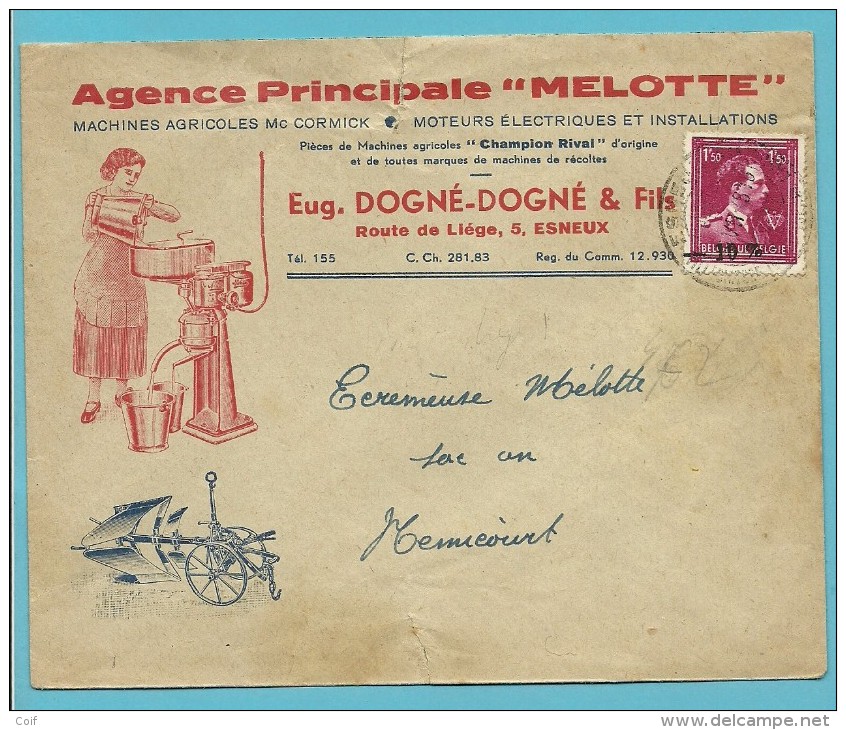 724N (-10%locale Opdruk) Op Geillustreerde Brief Met Stempel ESNEUX, Hoofding "Machines Agricoles CORMICK/ MELOTTE  (VK) - 1946 -10%