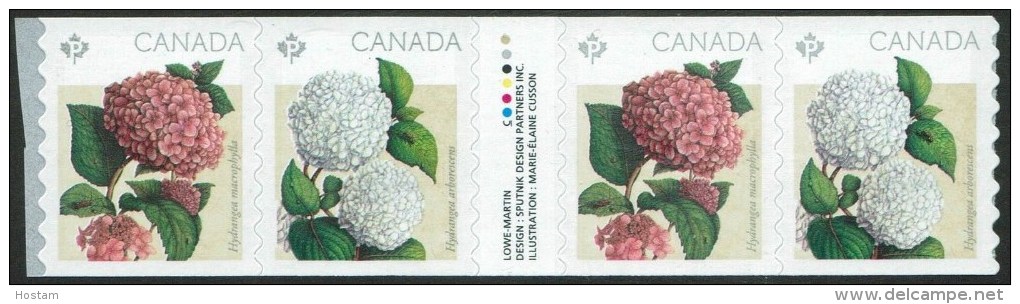 CANADA  2016,  FLOWERS: HYDRANGEAS   Strip Of 4    With Gutter   Mnh - Coil Stamps