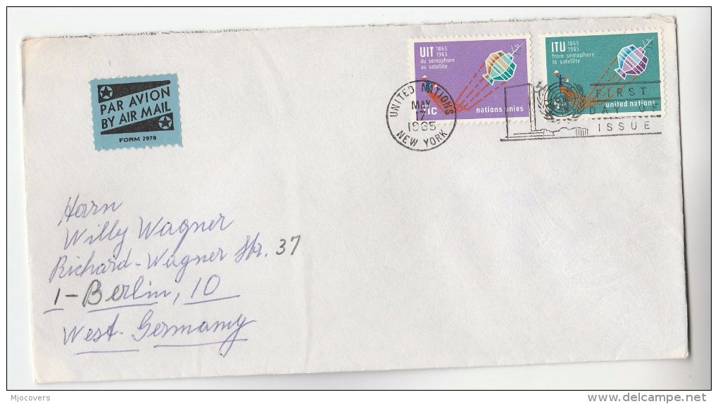 1965 Air Mail UNITED NATIONS NY COVER  2x ITU SPACE SATELLITE SEMAPHORE Stamps To Germany  Airmail Label - North  America