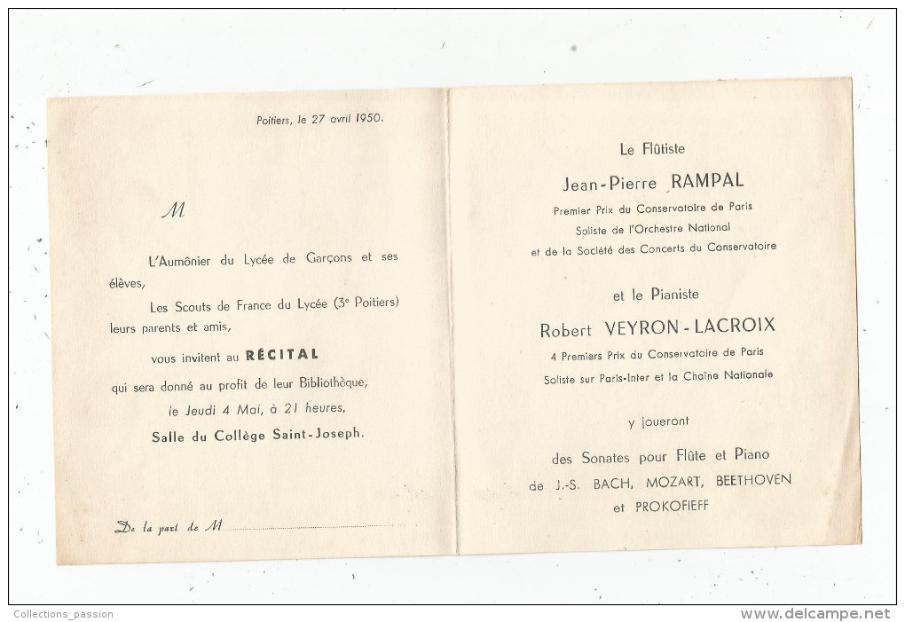 Invitation , Poitiers , 1950 , Aumonier Du Lycée Collége Saint Joseph , RECITAL - Autres & Non Classés