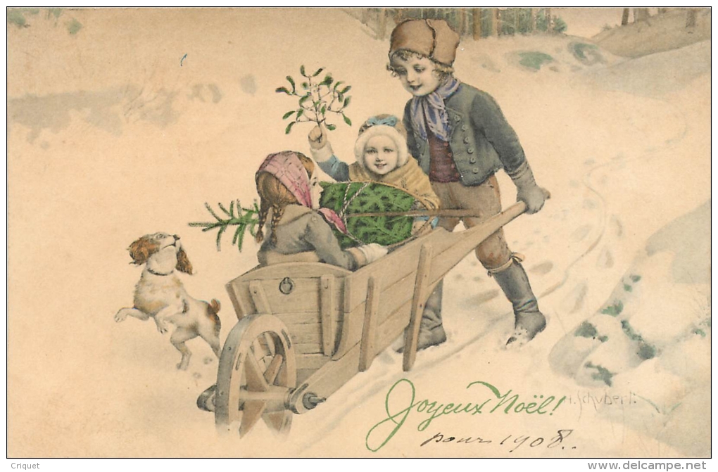 Vienne, Joyeux Noël, 3 Enfants Et Brouette, Chien épagneul, Sapin Et Gui, M M Munk 394, écrite 1908 - Vienne