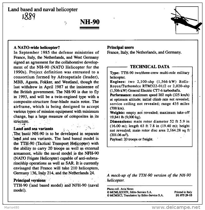 NH-90      2 SCAN   (NUOVA  CON DESCRIZIOENE TECNICA SUL RETRO) - Elicotteri