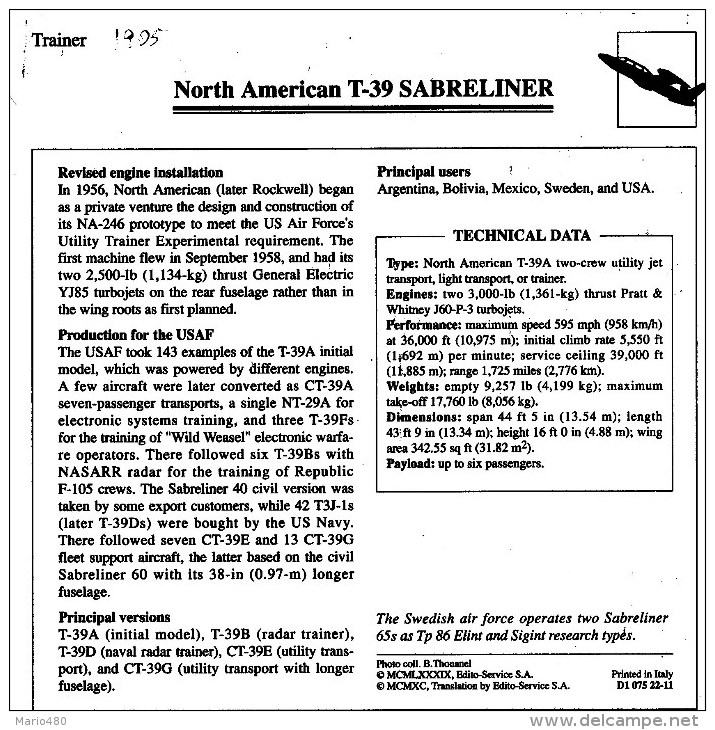 NORTH AMERICAN T-39 SABRELINER      2 SCAN   (NUOVA  CON DESCRIZIOENE TECNICA SUL RETRO) - 1946-....: Moderne