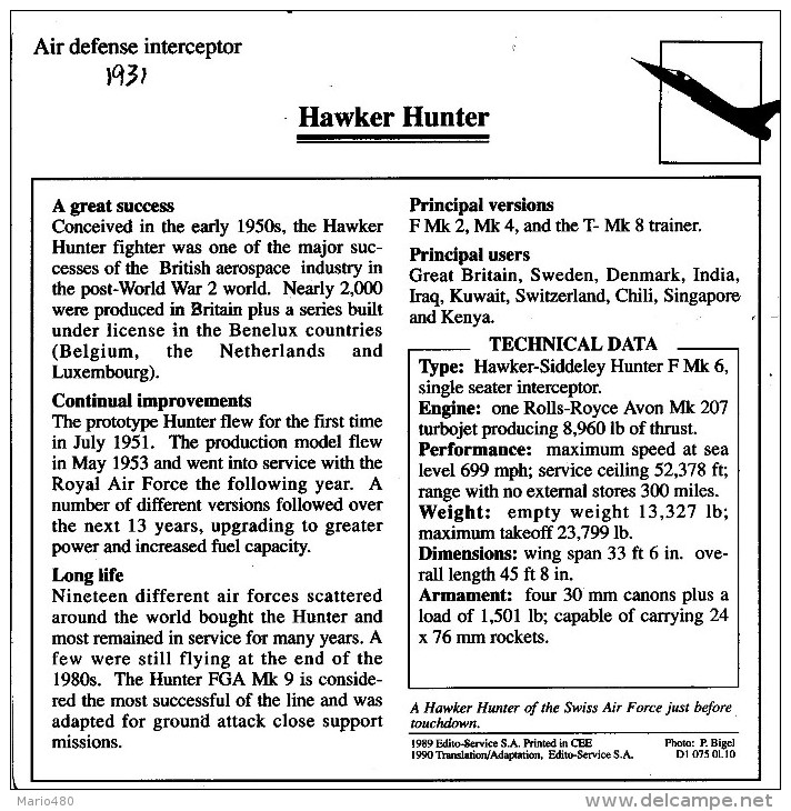 HAWKER  HUNTER       2 SCAN  (NUOVO CON DESCRIZIOENE TECNICA  SUL RETRO) - 1946-....: Modern Tijdperk