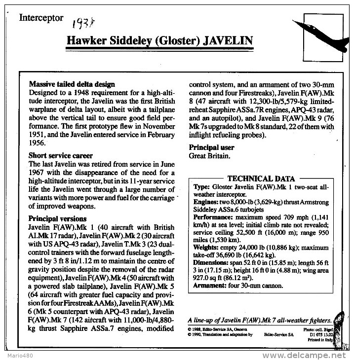 HAWKER  SIDDELEY (GLOSTER)  JAVELIN    2 SCAN  (NUOVO CON DESCRIZIOENE TECNICA  SUL RETRO) - 1946-....: Moderne