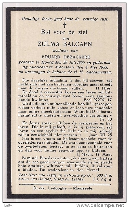 DP Zulma BALCAEN - Debackere - Roncq - Moorsele - 1865 / 1933 - Autres & Non Classés