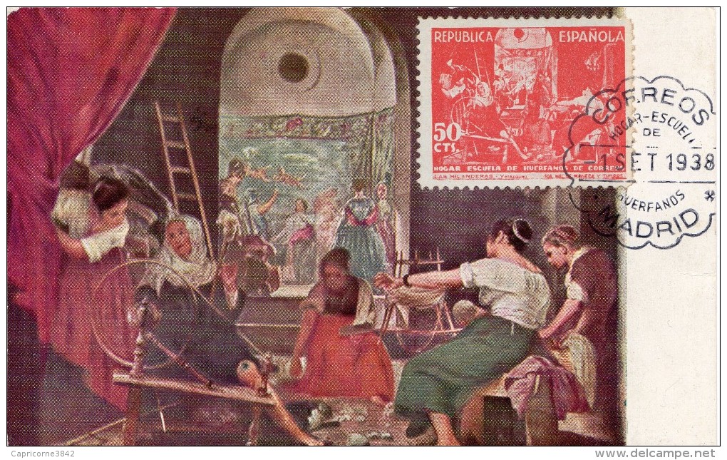 1938 - Espagne - CM - Tableau De Vélasquez "Les Fileuses" - Timbre De Bienfaisance (Yvert N°63) - Cartoline Maximum