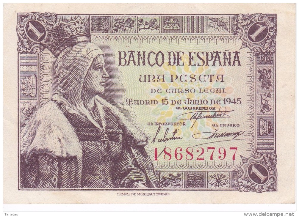 BILLETE DE ESPAÑA DE 1 PTA DEL 15/06/1945 ISABEL LA CATÓLICA SERIE I CALIDAD EBC+ (XF) (BANK NOTE) - 1-2 Pesetas