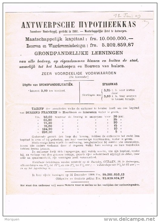 16962. Carta Impresos, Imprimée Preobliterado  ANVERS (Belgien) 1909. Roulotte, Hypotheekkas - Roller Precancels 1900-09