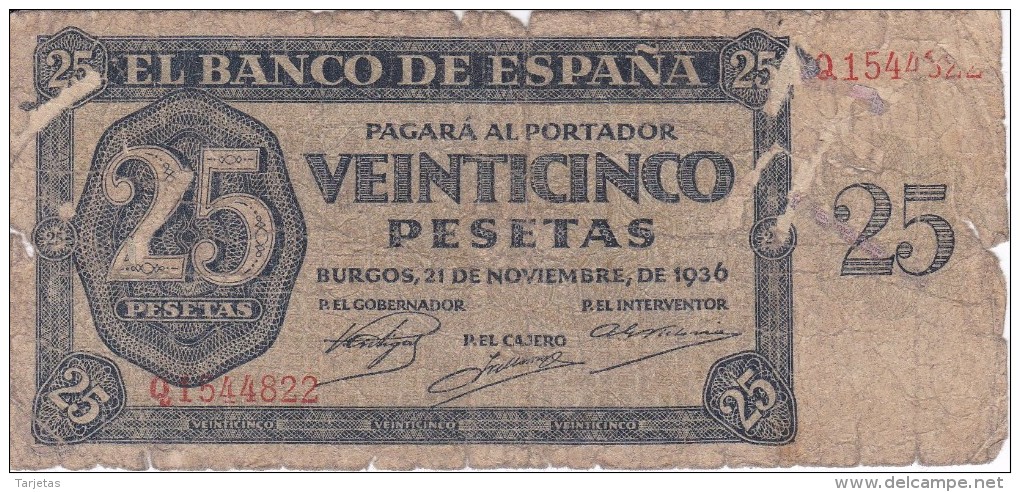 BILLETE DE ESPAÑA DE 25 PTAS DEL 21/11/1936 SERIE Q CALIDAD  RC (BANKNOTE) - 25 Pesetas