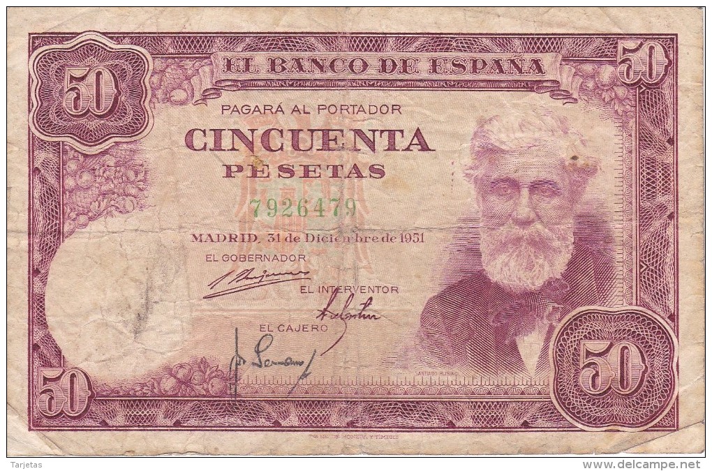 BILLETE DE ESPAÑA DE 50 PTAS DEL 31/12/1951 SIN SERIE  CALIDAD RC  (BANKNOTE) - 50 Pesetas