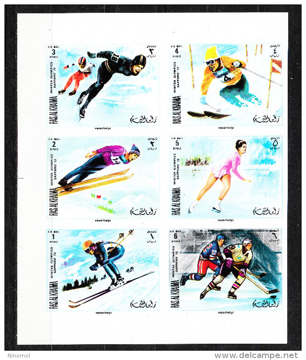 Ras Al Khaima   -   1970. Pattinaggio, Sci, Salto Trampolino, Hockey. Complete Set In Imperforated Block. MNH, Fresh - Inverno1972: Sapporo