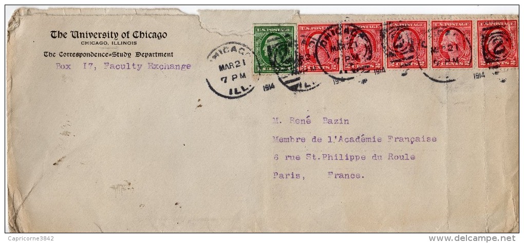 1914 - Etats Unis - Lettre De Chicago Pour Paris - Pour René Bazin De L'Académie Française - (n°182A+183A) - Cartas & Documentos