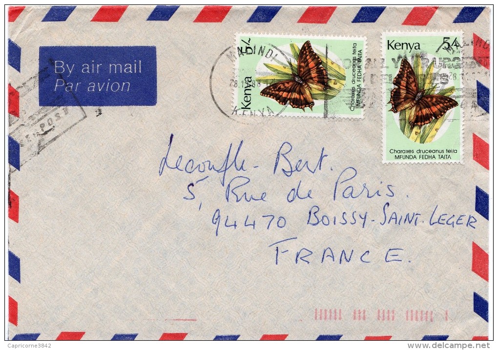 1987 - Kenya - Courrier Par Avion Pour Boissy ST Leger - 2 Timbres De Papillon "Charaxes Druceanus Teita" N°422 - Kenia (1963-...)