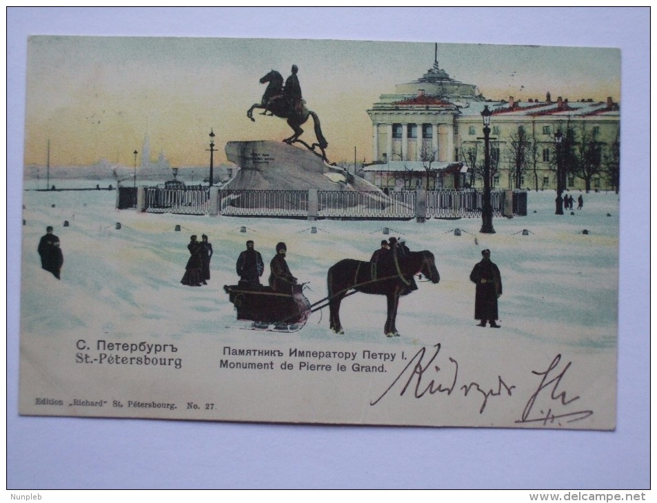 RUSSIA 1904 MONUMENT DE PIERRE LE GRAND ST. PETERSBURG CARD SENT TO BIRMINGHAM ENGLAND - Russie