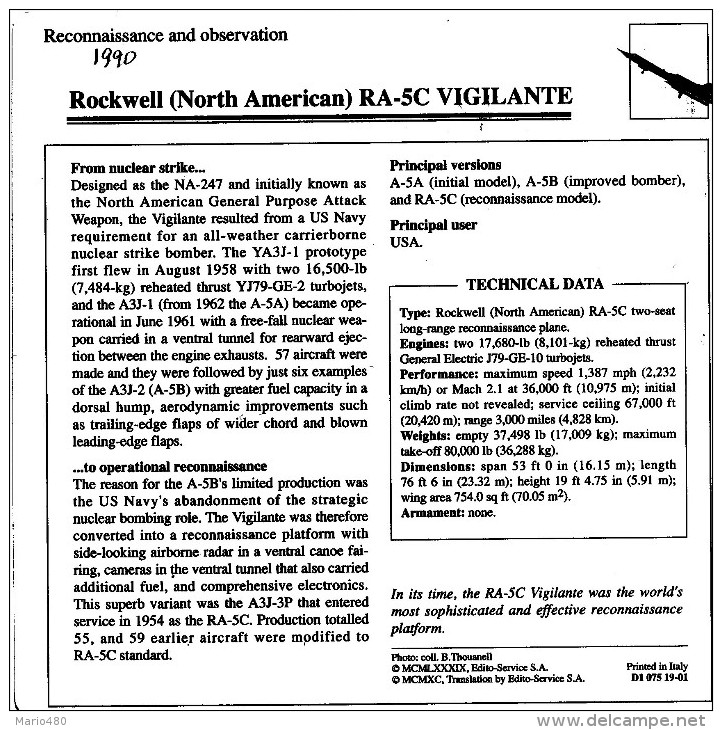 ROCKWELL (NORTH AMERICAN)  RA-5C  VIGILANTE      2 SCAN  (NUOVO CON DESCRIZIOENE TECNICA  SUL RETRO) - 1946-....: Modern Era