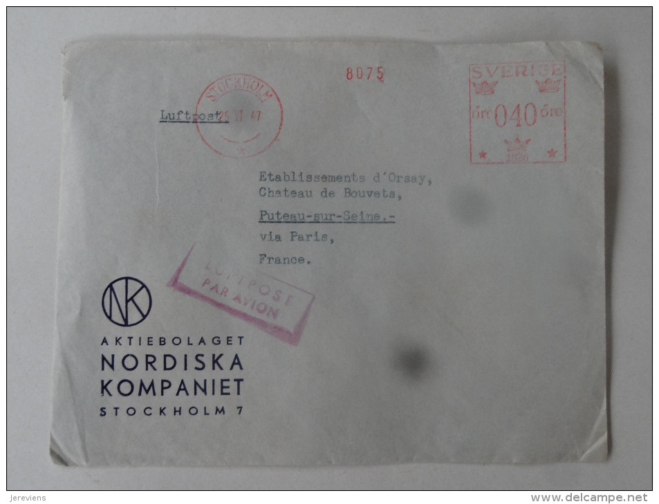 Lettre De Stockholm 1947 PA Cachet De Distributeur   0,40 Ore Pour Paris - 1930- ... Rouleaux II
