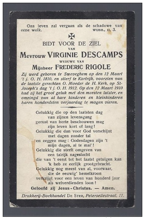 DP HONDERDJARIGE 102 JAAR DESCAMPS RIGOLE ° ZWEVEGEM 1810 + KORTRIJK 1912 - Images Religieuses