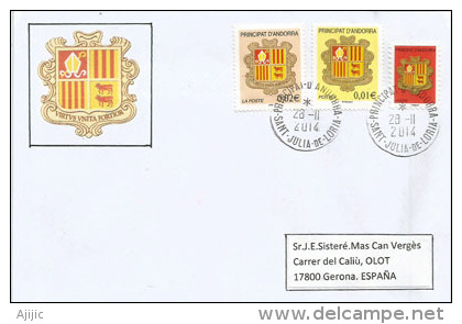 Lettre Avec Nouveaux Blasons D'Andorre, Inclus Autocollant, Adressée En Espagne - Storia Postale