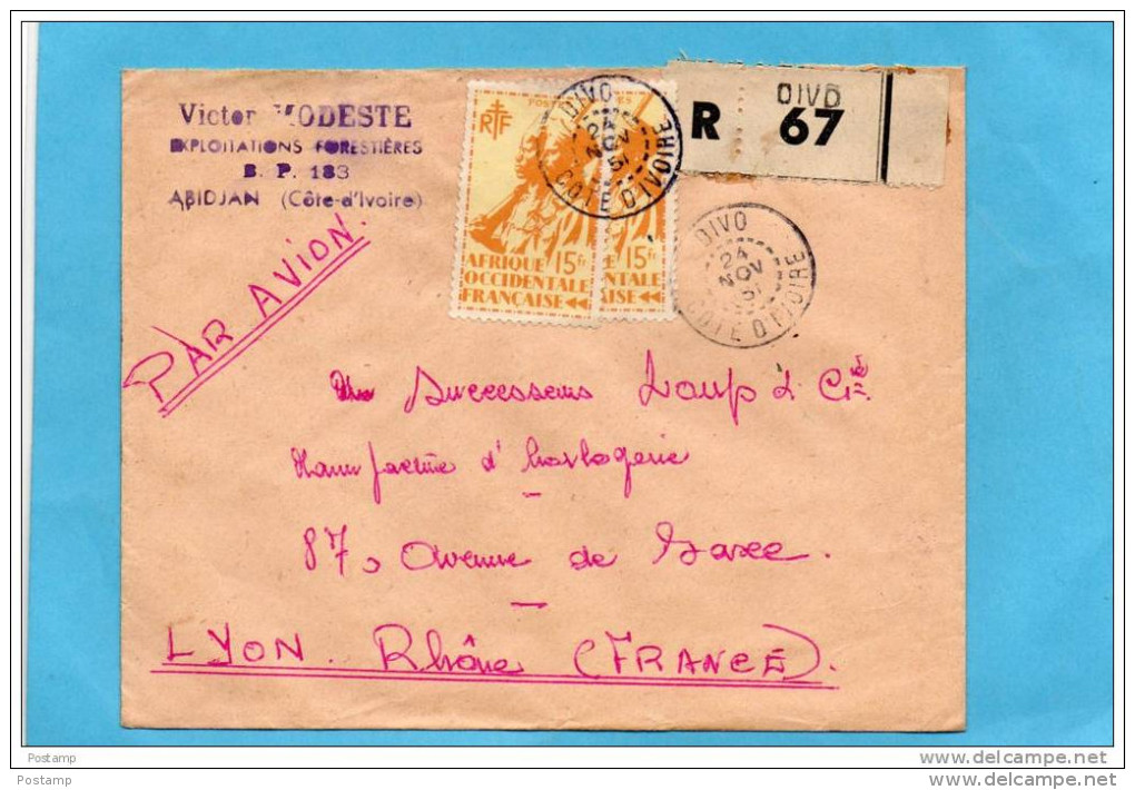 MARCOPHILIE-lettre  REC AVION -cote D´ivoire Cad DIVO  -1951 Afft 2 Stamps N°21  AOF Tirailleurs-pour Françe - Lettres & Documents