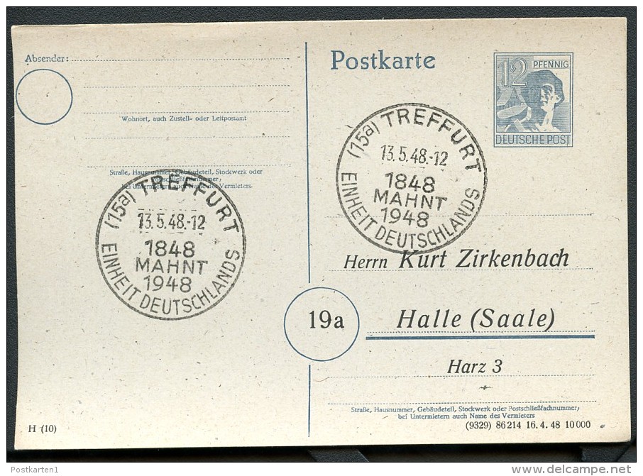 Postkarte P962/06 ZUDRUCK Zirkenbach Halle Sost. EINHEIT DEUTSCHLANDS Treffurt 1948 Kat.5,00 € - Postal  Stationery