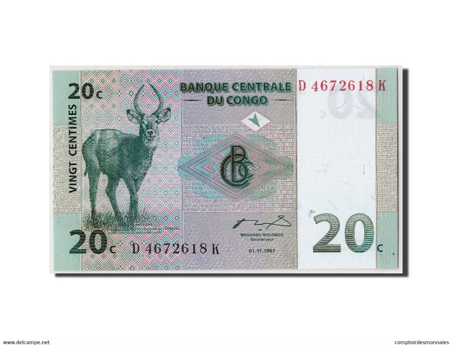 Billet, Congo Democratic Republic, 20 Centimes, 1997, 1997-11-01, KM:83a, NEUF - República Democrática Del Congo & Zaire