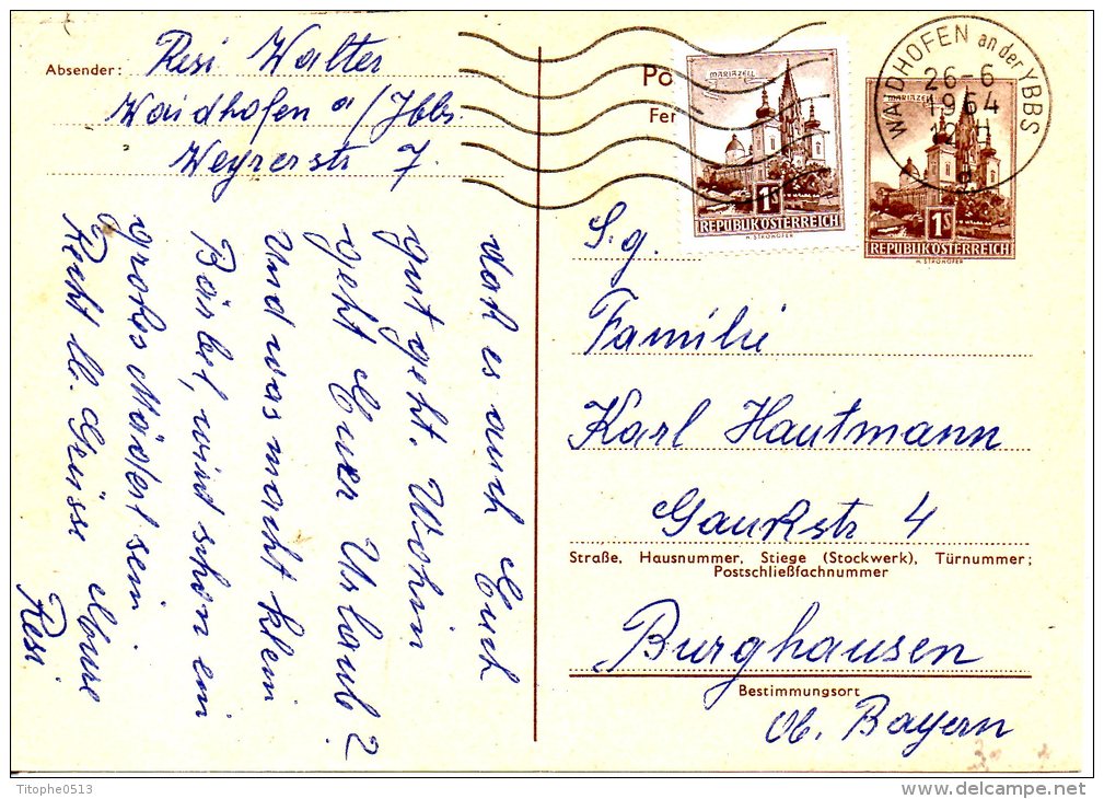 AUTRICHE. N°868 De 1957 Sur Carte Pré-timbrée Sur Enveloppe Ayant Circulé. Basilique De Mariazell. - Abdijen En Kloosters