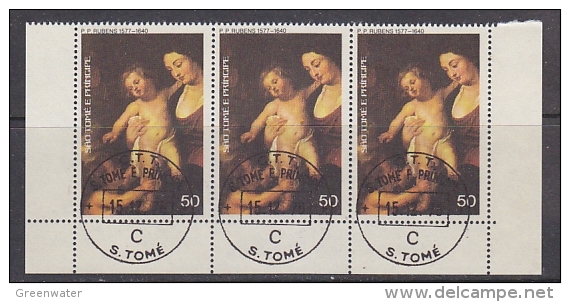 Sao Tome E Principe 1977 Peter Paul Rubens, Maria & Child 1v Strip Of 3 Used Cto (27420) - Sao Tome En Principe