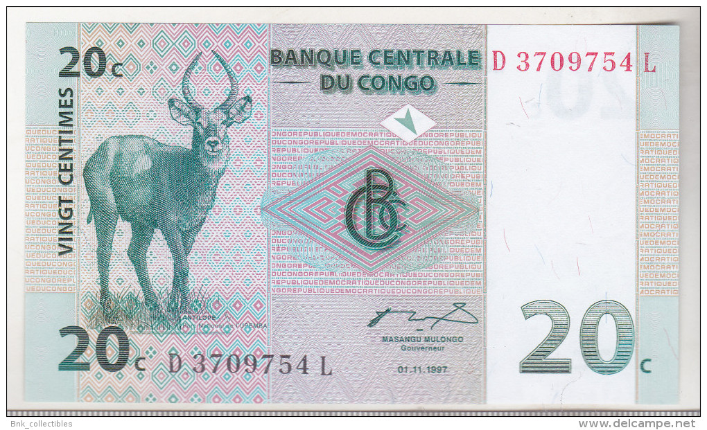 Congo , Democratic Republic ,20 Centimes 1997 Unc - República Democrática Del Congo & Zaire