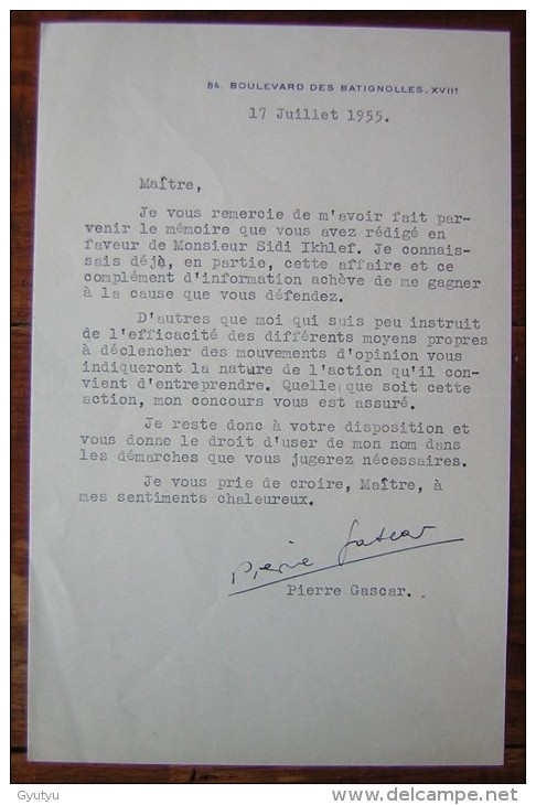 Lettre De Pierre Gascar , Prix Goncourt En 1953, Avec Signature Manuscrite à Propos Des événements En Algérie (1955) - Autres & Non Classés