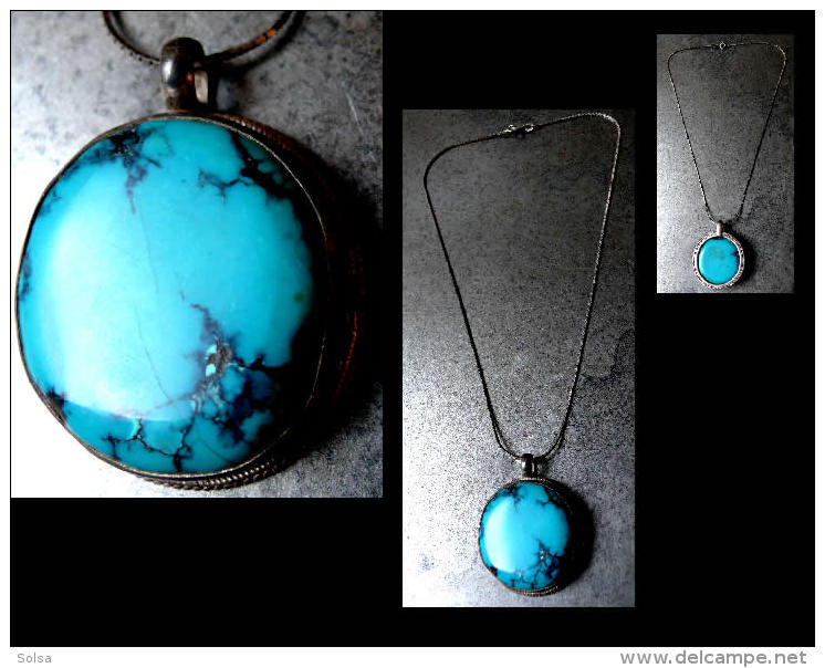 Collierdu Népal Argent Grosse Turquoise / Vintage Silver And Big Turquoise Nepalese Necklace - Necklaces/Chains