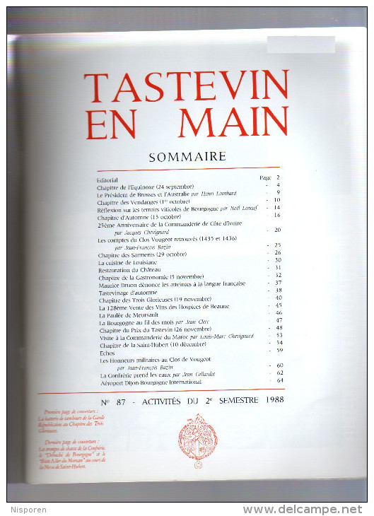 Tastevin En Main - Gazette Périodique De La Confrérie Des Chevaliers Du Tastevin - N°87 Octobre 1988 - Cuisine & Vins