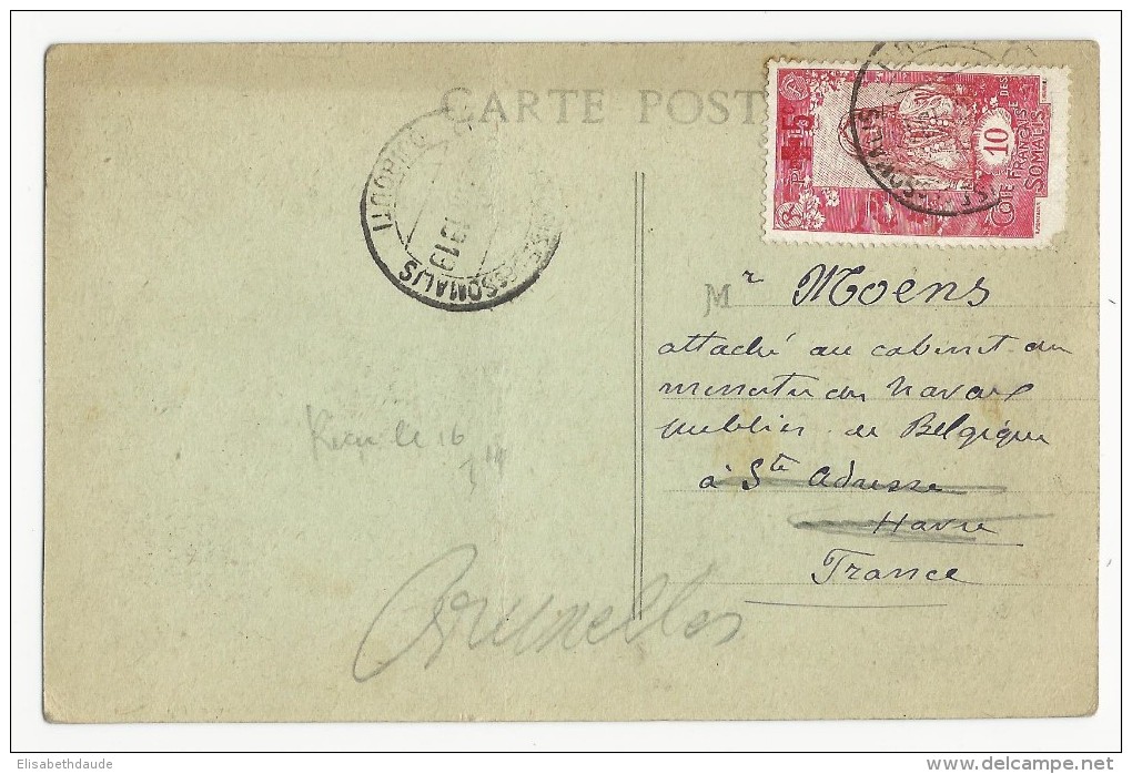 SOMALIS - 1919 - CROIX-ROUGE YVERT N°100 (DEF) RARE Sur CARTE De DJIBOUTI Pour STE ADRESSE - Lettres & Documents