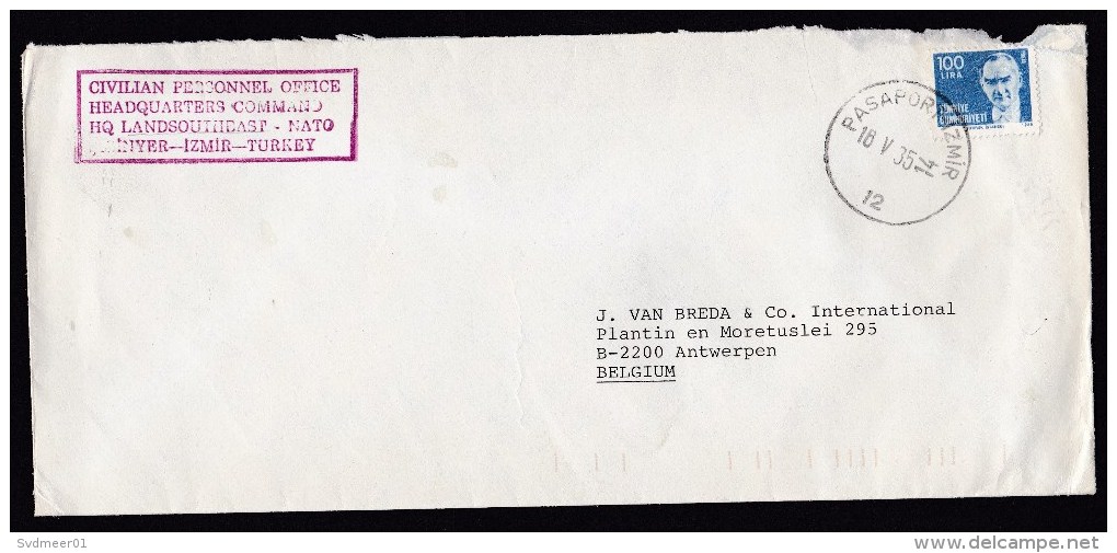 Turkey: Cover Pasaport Izmir To Belgium, 1985, 1 Stamp, Sent By NATO HQ Command, Military (damaged, See Scan) - Covers & Documents