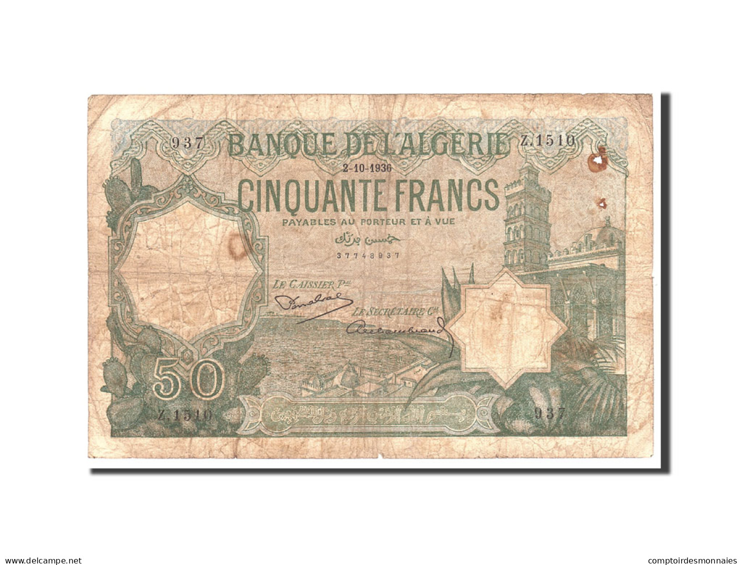 Billet, Algeria, 50 Francs, 1936, 1936-10-02, KM:80a, TB - Algérie