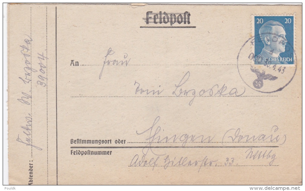 Feldpost WW2: 1. Kompanie Leichte Radfahr-Strassen-Bau-Bataillon 503 FP 39004 P/m 30.4.1943 - Franked With 20pf Hitler H - Militaria