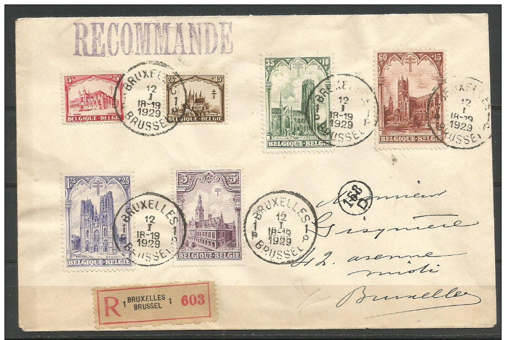 1929 - COB N° 267 à 272 Oblitérés (o) - Impeccable - LES CATHEDRALES - Série Complète Sur LETTRE RECOMMANDEE - Lettres & Documents