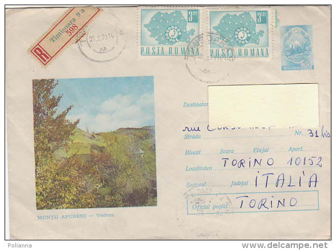 A3627 - Coppia Valori ROMANIA Su Raccomandata Figurata MONTI APUSENI  VG Timisoara-Torino 28-02-1970 - Covers & Documents