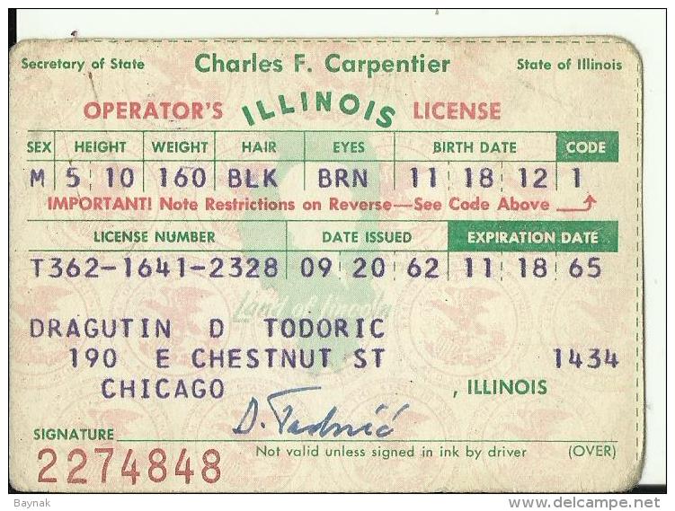 USA, ILLINOIS  --  DRIVING LICENSE, DRIVER `S  PERMIT,   PERMIS DE CONDUIRE - Documents Historiques